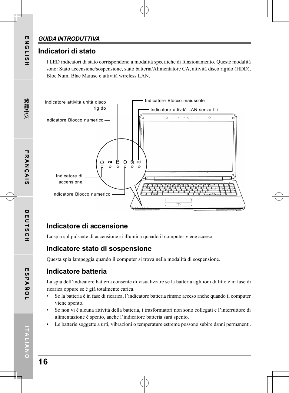 Indicatori di stato, Indicatore di accensione, Indicatore stato di sospensione | Indicatore batteria | chiliGREEN TW9 User Manual | Page 126 / 198