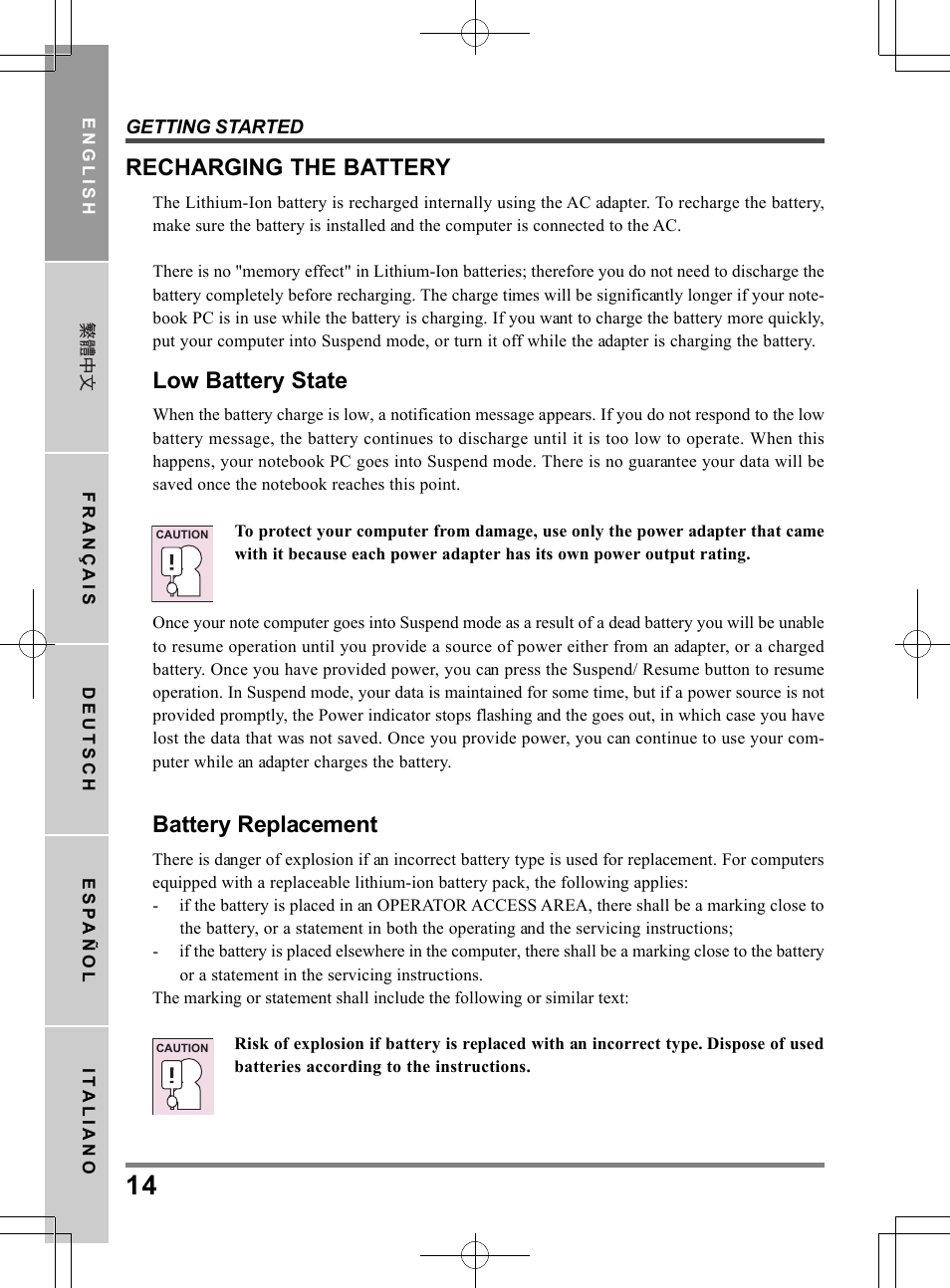 Recharging the battery, Low battery state, Battery replacement | chiliGREEN TW9 User Manual | Page 14 / 198