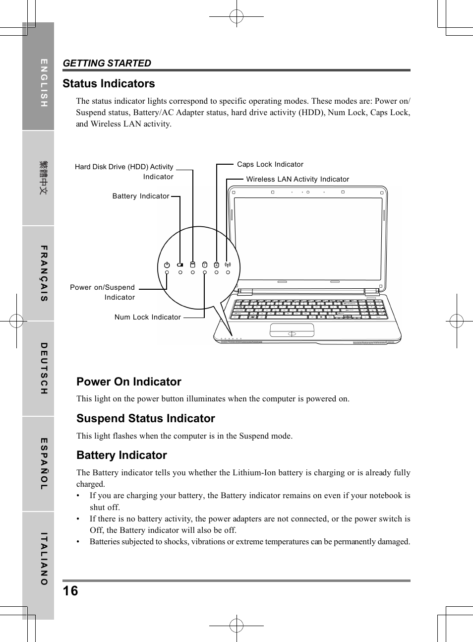 Status indicators, Power on indicator, Suspend status indicator | Battery indicator | chiliGREEN TW9 User Manual | Page 16 / 198