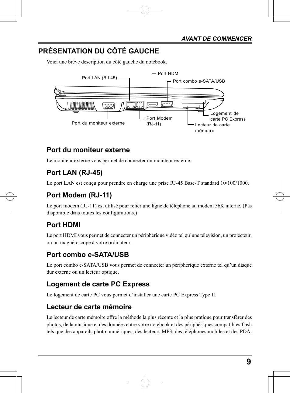 Port du moniteur externe, Port lan (rj-45), Port modem (rj-11) | Port hdmi, Port combo e-sata/usb, Logement de carte pc express, Lecteur de carte mémoire, Présentation du côté gauche | chiliGREEN TW9 User Manual | Page 53 / 198