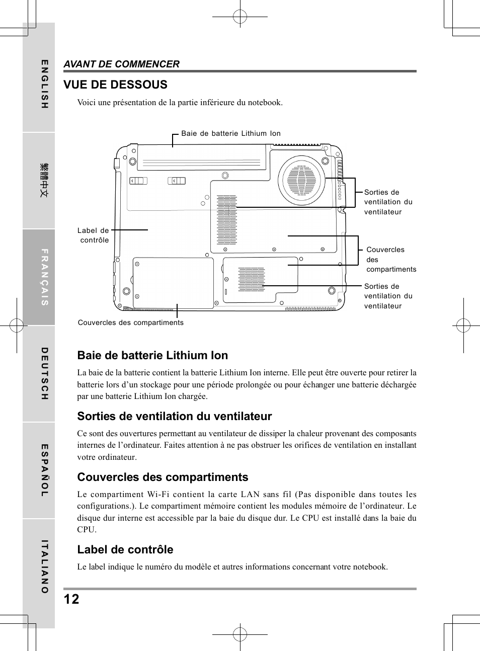 Baie de batterie lithium ion, Sorties de ventilation du ventilateur, Couvercles des compartiments | Label de contrôle, Vue de dessous | chiliGREEN TW9 User Manual | Page 56 / 198