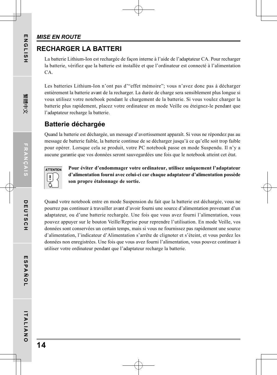 Recharger la batteri, Batterie déchargée | chiliGREEN TW9 User Manual | Page 58 / 198