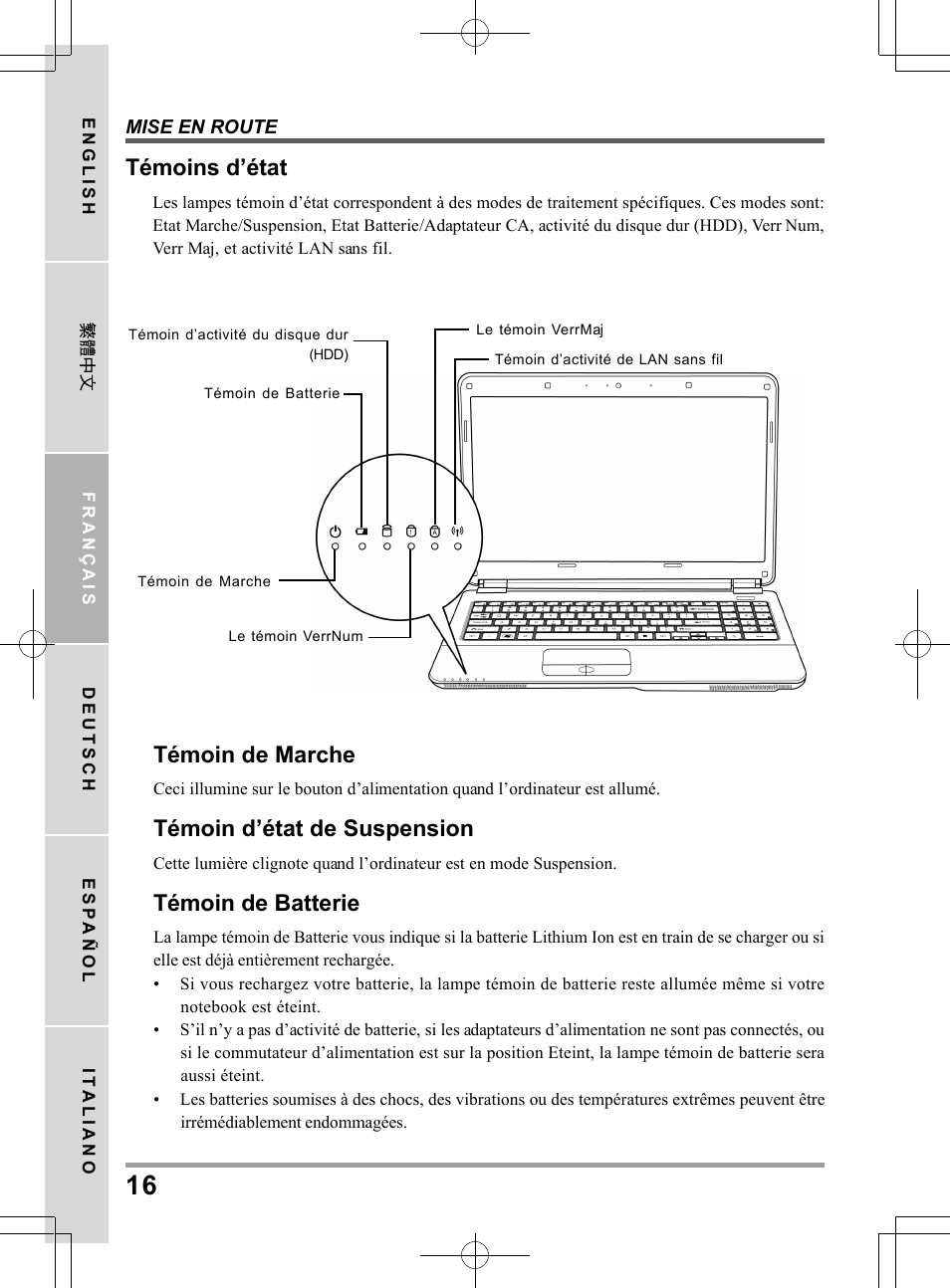 Témoins d’état, Témoin de marche, Témoin d’état de suspension | Témoin de batterie | chiliGREEN TW9 User Manual | Page 60 / 198