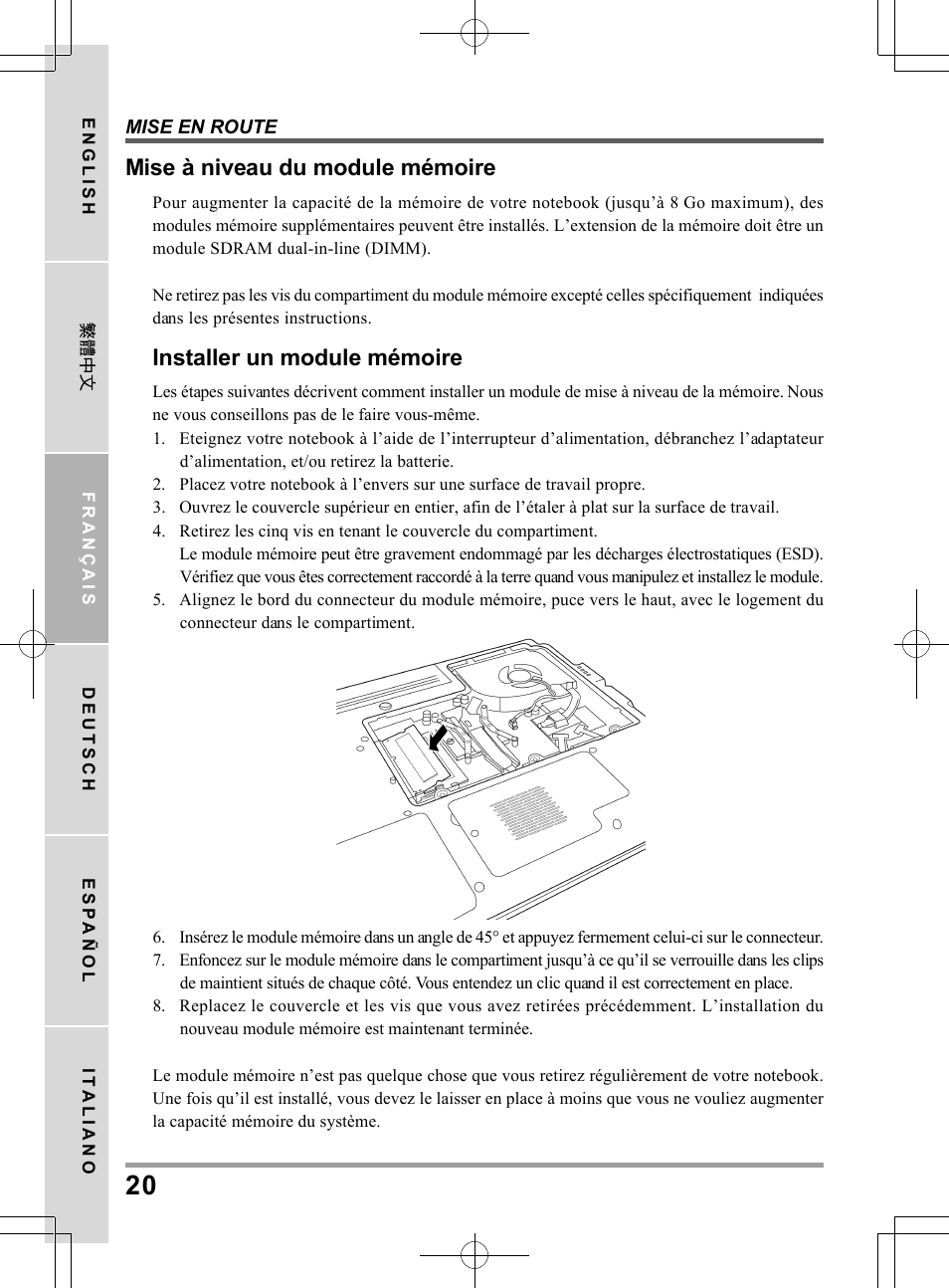 Mise à niveau du module mémoire, Installer un module mémoire | chiliGREEN TW9 User Manual | Page 64 / 198