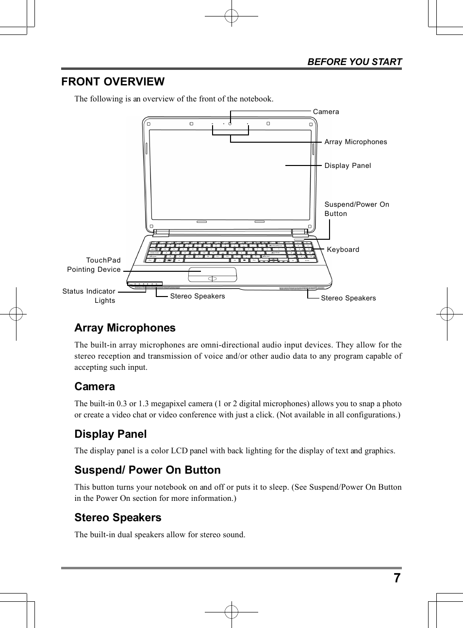 Front overview, Array microphones, Camera | Display panel, Suspend/ power on button, Stereo speakers | chiliGREEN TW9 User Manual | Page 7 / 198