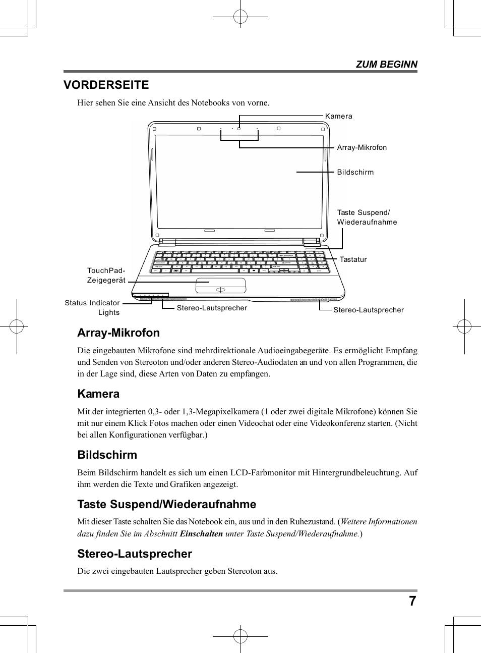 Vorderseite, Array-mikrofon, Kamera | Bildschirm, Taste suspend/wiederaufnahme, Stereo-lautsprecher | chiliGREEN TW9 User Manual | Page 73 / 198