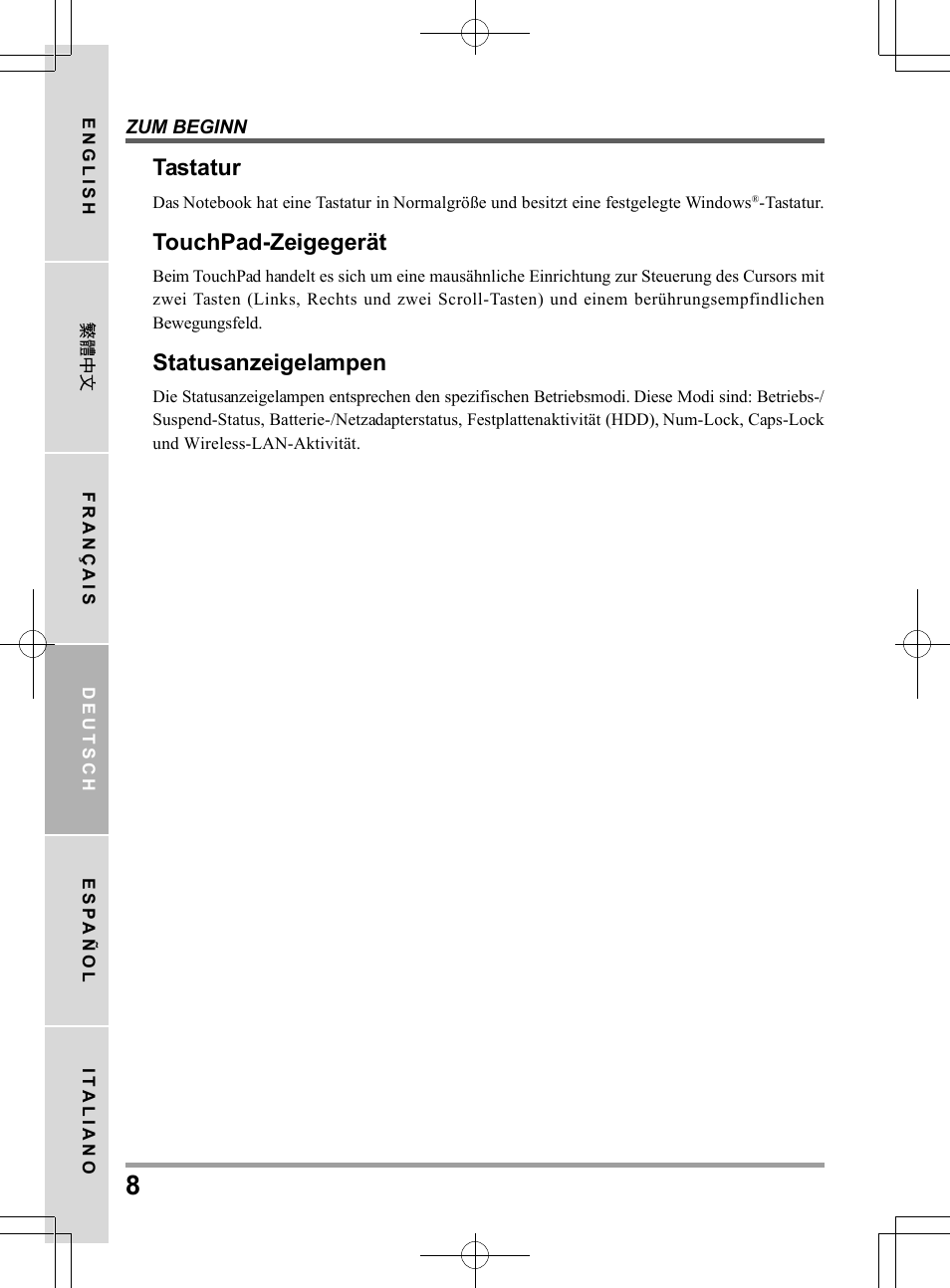 Tastatur, Touchpad-zeigegerät, Statusanzeigelampen | chiliGREEN TW9 User Manual | Page 74 / 198