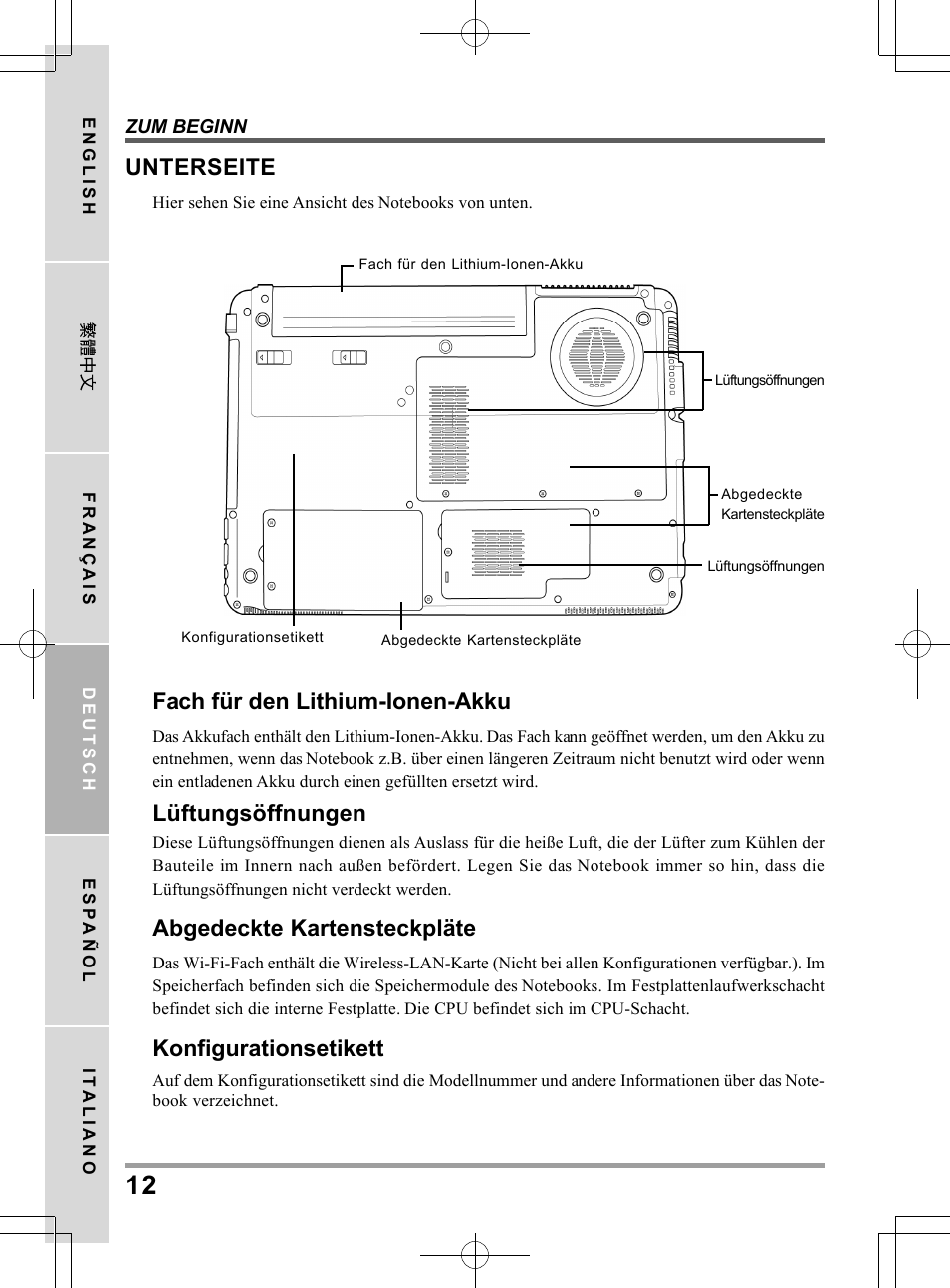 Unterseite, Fach für den lithium-ionen-akku, Lüftungsöffnungen | Abgedeckte kartensteckpläte, Konfigurationsetikett | chiliGREEN TW9 User Manual | Page 78 / 198