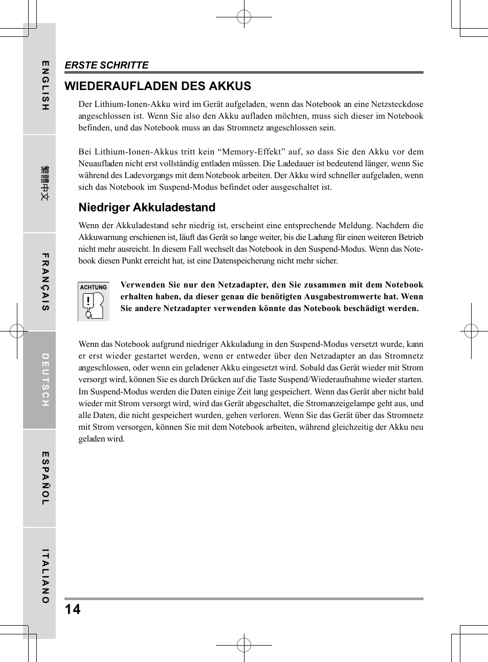 Wiederaufladen des akkus, Niedriger akkuladestand | chiliGREEN TW9 User Manual | Page 80 / 198