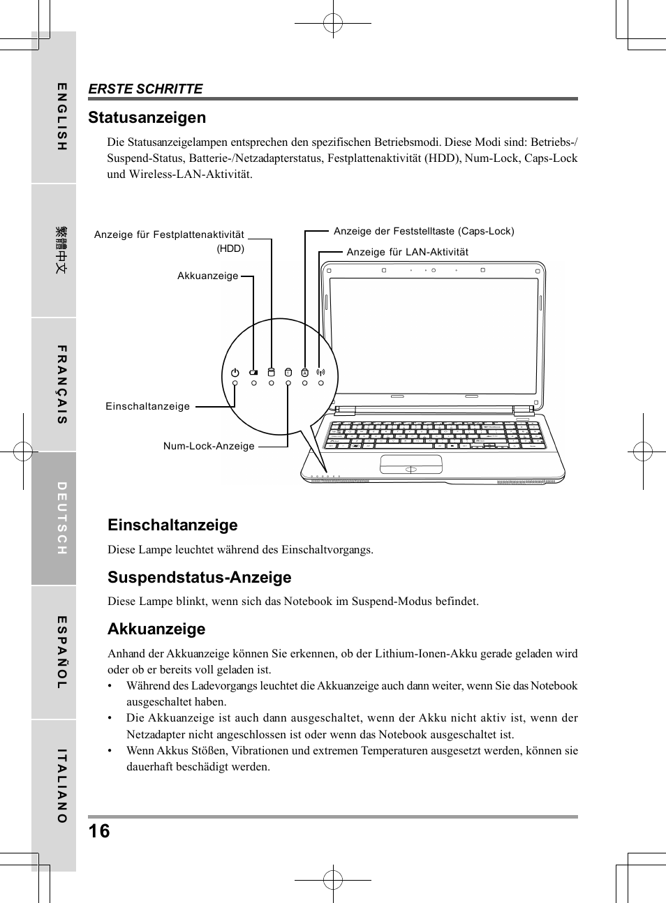 Statusanzeigen, Einschaltanzeige, Suspendstatus-anzeige | Akkuanzeige | chiliGREEN TW9 User Manual | Page 82 / 198
