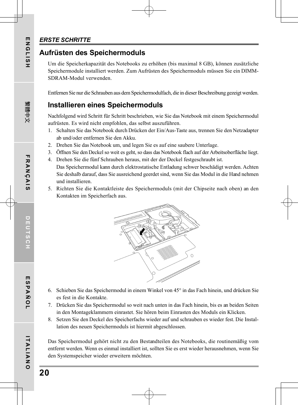 Aufrüsten des speichermoduls, Installieren eines speichermoduls | chiliGREEN TW9 User Manual | Page 86 / 198