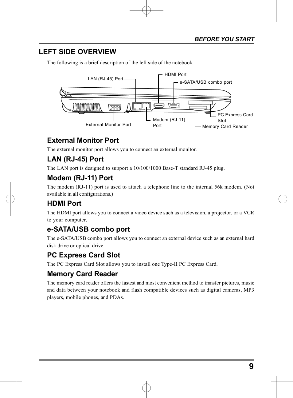 External monitor port, Lan (rj-45) port, Modem (rj-11) port | Hdmi port, E-sata/usb combo port, Pc express card slot, Left side overview | chiliGREEN TW9 User Manual | Page 9 / 198