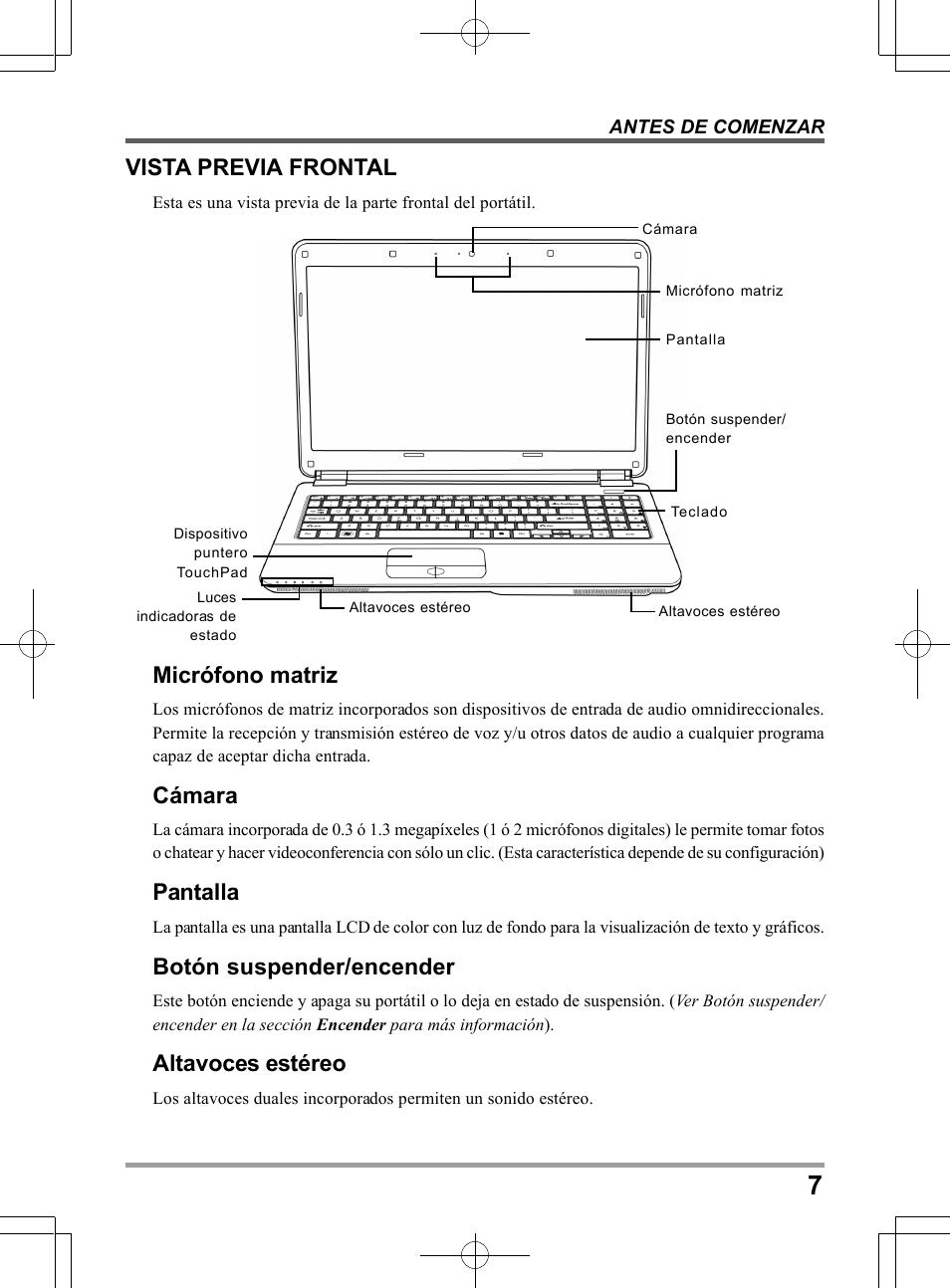 Vista previa frontal, Micrófono matriz, Cámara | Pantalla, Botón suspender/encender, Altavoces estéreo | chiliGREEN TW9 User Manual | Page 95 / 198