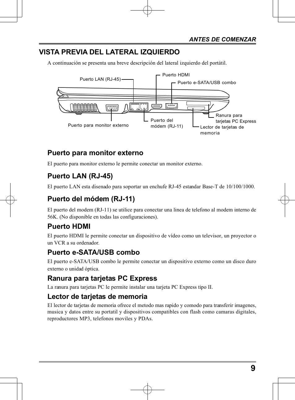 Puerto para monitor externo, Puerto lan (rj-45), Puerto del módem (rj-11) | Puerto hdmi, Puerto e-sata/usb combo, Ranura para tarjetas pc express, Vista previa del lateral izquierdo | chiliGREEN TW9 User Manual | Page 97 / 198