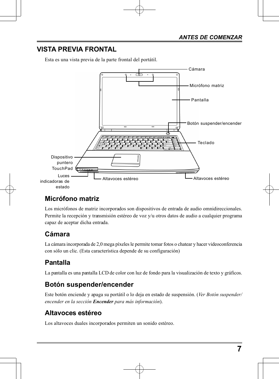 Vista previa frontal, Micrófono matriz, Cámara | Pantalla, Botón suspender/encender, Altavoces estéreo | chiliGREEN TW8 User Manual | Page 103 / 216