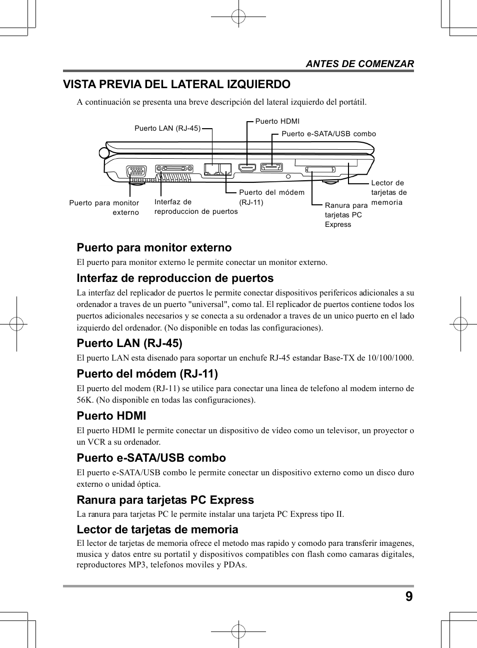 Puerto para monitor externo, Interfaz de reproduccion de puertos, Puerto lan (rj-45) | Puerto del módem (rj-11), Puerto hdmi, Puerto e-sata/usb combo, Ranura para tarjetas pc express, Vista previa del lateral izquierdo | chiliGREEN TW8 User Manual | Page 105 / 216