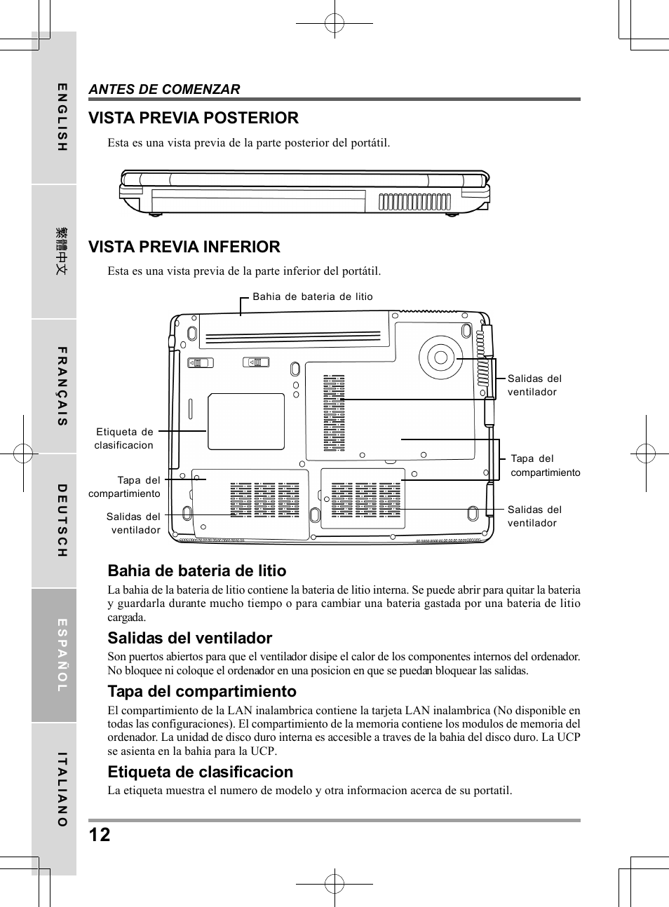 Vista previa inferior, Vista previa posterior, Bahia de bateria de litio | Salidas del ventilador, Tapa del compartimiento, Etiqueta de clasificacion | chiliGREEN TW8 User Manual | Page 108 / 216