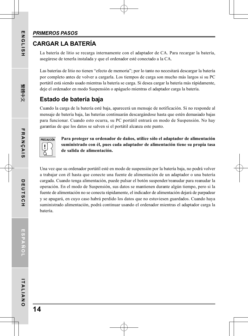 Cargar la batería, Estado de batería baja | chiliGREEN TW8 User Manual | Page 110 / 216