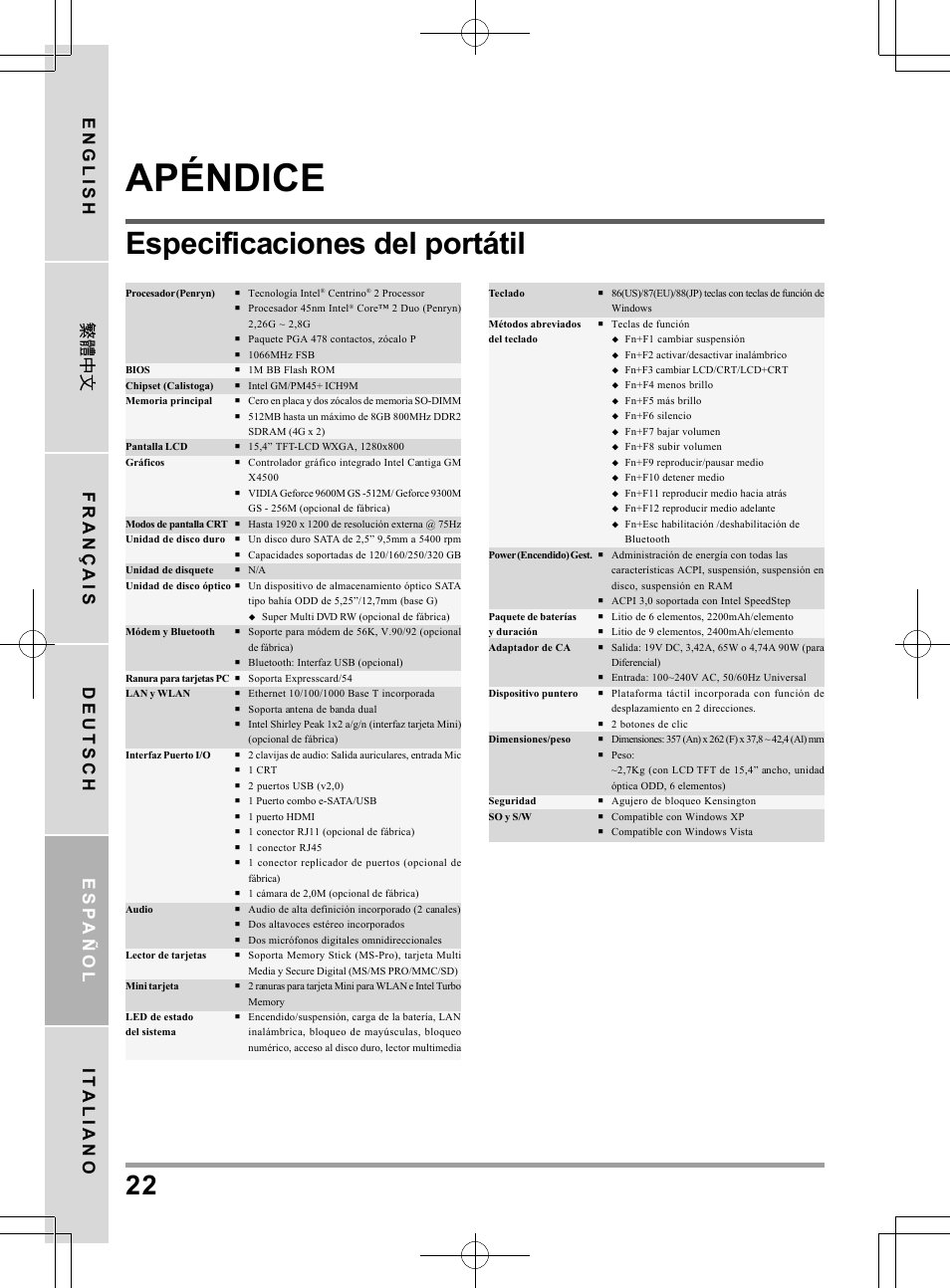 Apéndice, Especificaciones del portátil, English français deutsch esp añol it aliano | chiliGREEN TW8 User Manual | Page 118 / 216