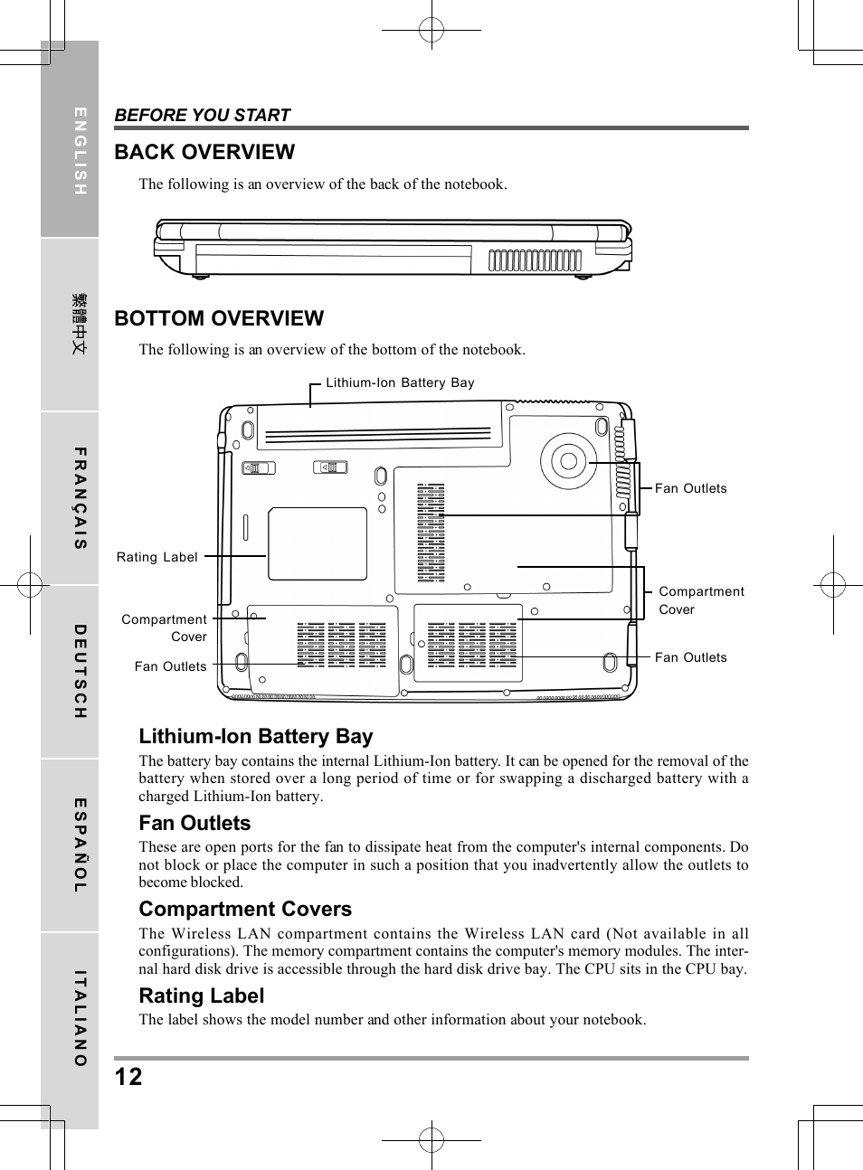 Bottom overview, Lithium-ion battery bay, Fan outlets | Compartment covers, Rating label, Back overview | chiliGREEN TW8 User Manual | Page 12 / 216