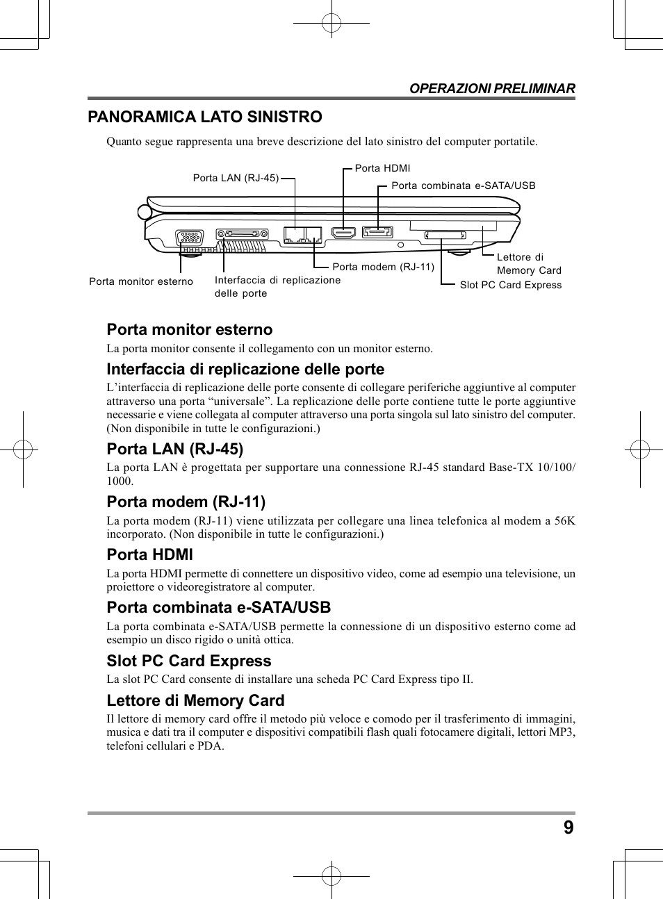 Porta monitor esterno, Interfaccia di replicazione delle porte, Porta lan (rj-45) | Porta modem (rj-11), Porta hdmi, Porta combinata e-sata/usb, Slot pc card express, Panoramica lato sinistro | chiliGREEN TW8 User Manual | Page 129 / 216