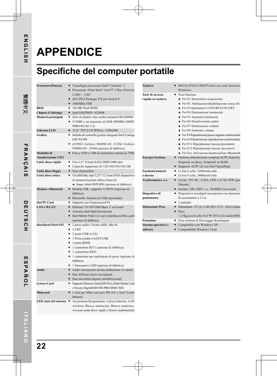 Appendice, Specifiche del computer portatile, English français deutsch esp añol it aliano | chiliGREEN TW8 User Manual | Page 142 / 216