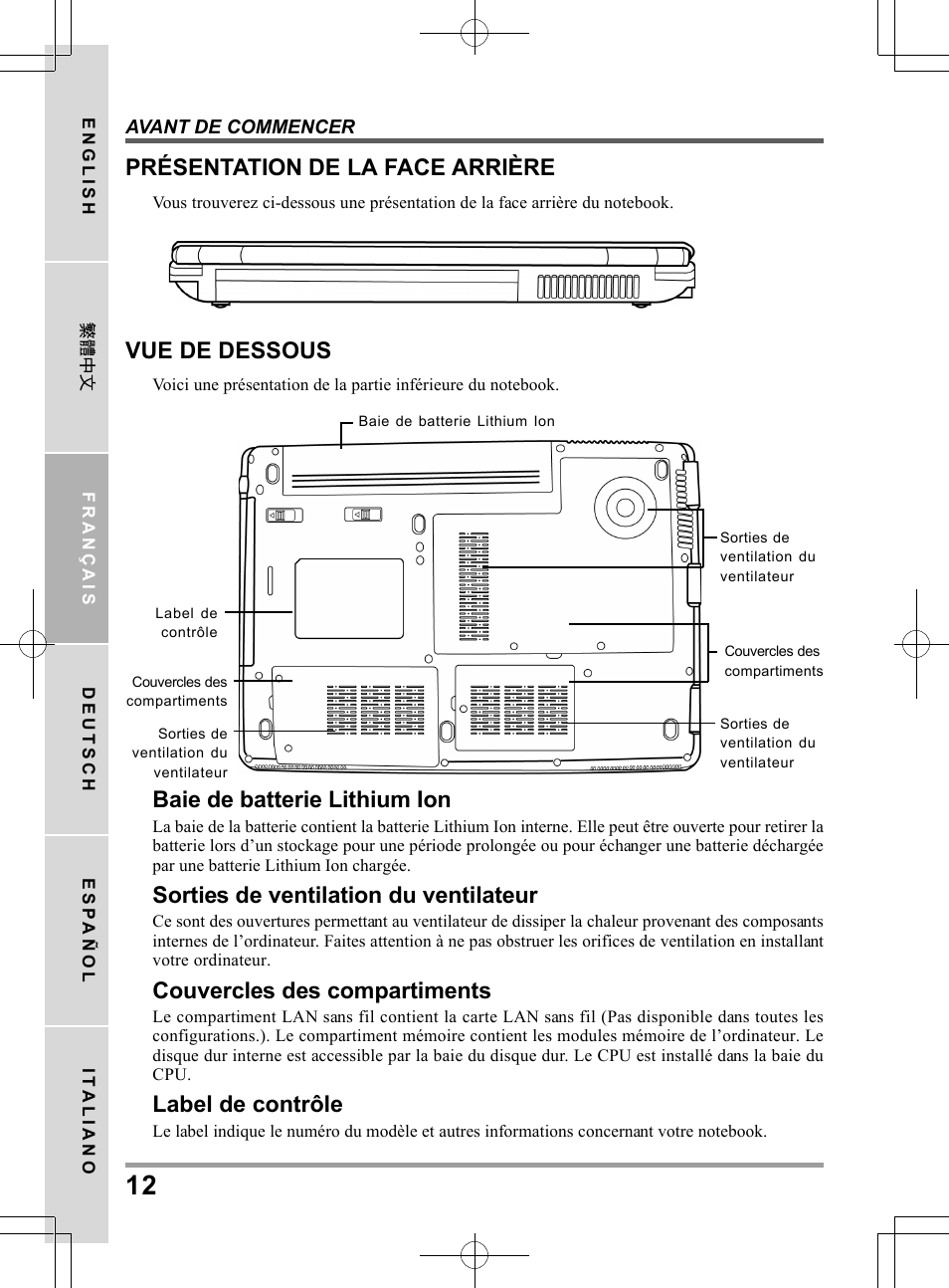 Baie de batterie lithium ion, Sorties de ventilation du ventilateur, Couvercles des compartiments | Label de contrôle, Vue de dessous, Présentation de la face arrière | chiliGREEN TW8 User Manual | Page 60 / 216