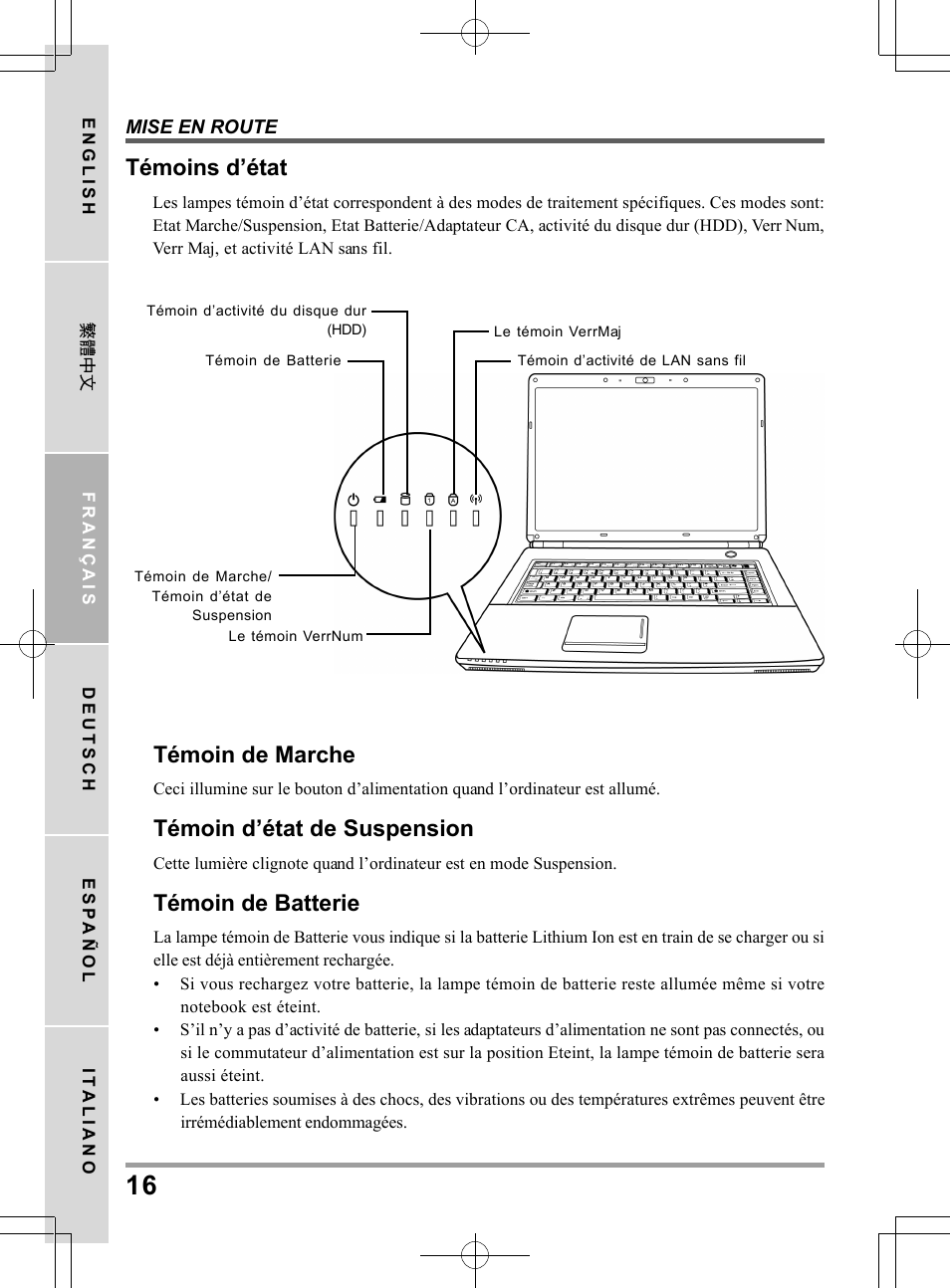 Témoins d’état, Témoin de marche, Témoin d’état de suspension | Témoin de batterie | chiliGREEN TW8 User Manual | Page 64 / 216