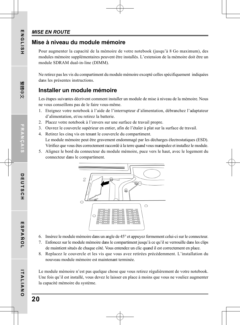 Mise à niveau du module mémoire, Installer un module mémoire | chiliGREEN TW8 User Manual | Page 68 / 216