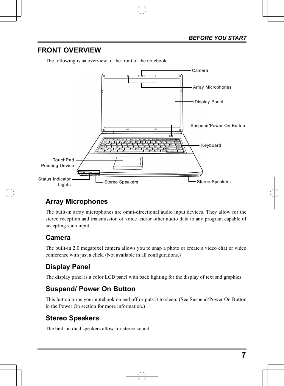 Front overview, Array microphones, Camera | Display panel, Suspend/ power on button, Stereo speakers | chiliGREEN TW8 User Manual | Page 7 / 216