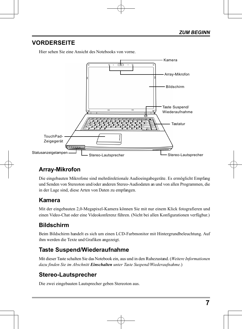 Vorderseite, Array-mikrofon, Kamera | Bildschirm, Taste suspend/wiederaufnahme, Stereo-lautsprecher | chiliGREEN TW8 User Manual | Page 79 / 216