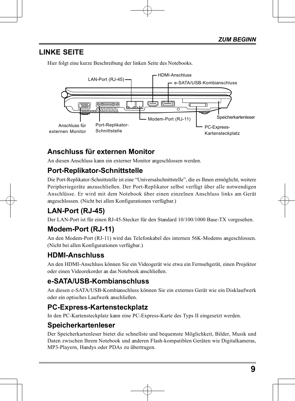 Anschluss für externen monitor, Port-replikator-schnittstelle, Lan-port (rj-45) | Modem-port (rj-11), Hdmi-anschluss, E-sata/usb-kombianschluss, Pc-express-kartensteckplatz, Speicherkartenleser, Linke seite | chiliGREEN TW8 User Manual | Page 81 / 216