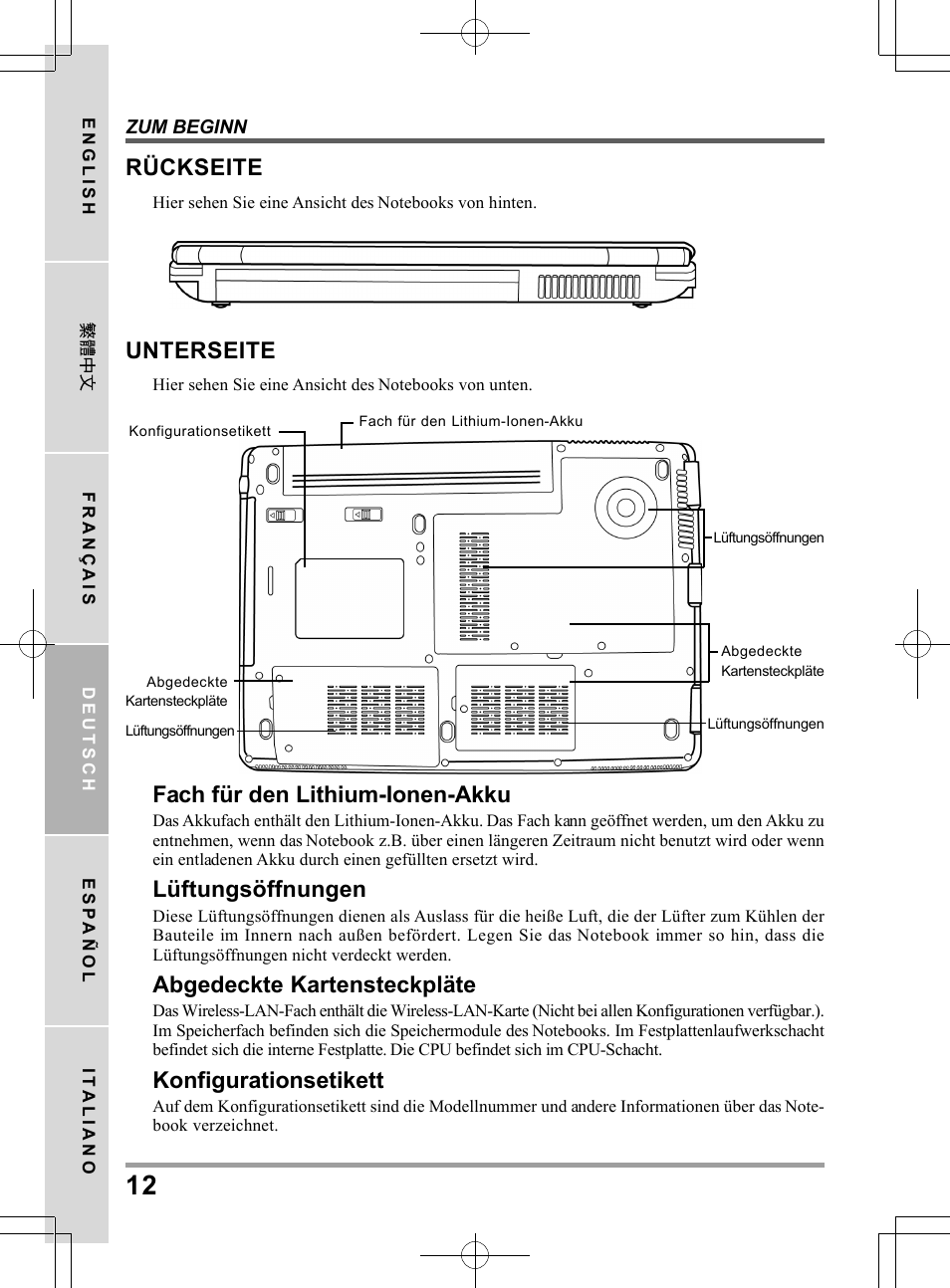 Unterseite, Fach für den lithium-ionen-akku, Lüftungsöffnungen | Abgedeckte kartensteckpläte, Konfigurationsetikett, Rückseite | chiliGREEN TW8 User Manual | Page 84 / 216