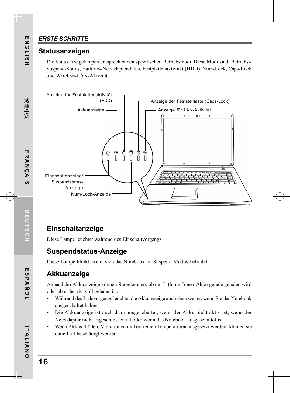 Statusanzeigen, Einschaltanzeige, Suspendstatus-anzeige | Akkuanzeige | chiliGREEN TW8 User Manual | Page 88 / 216