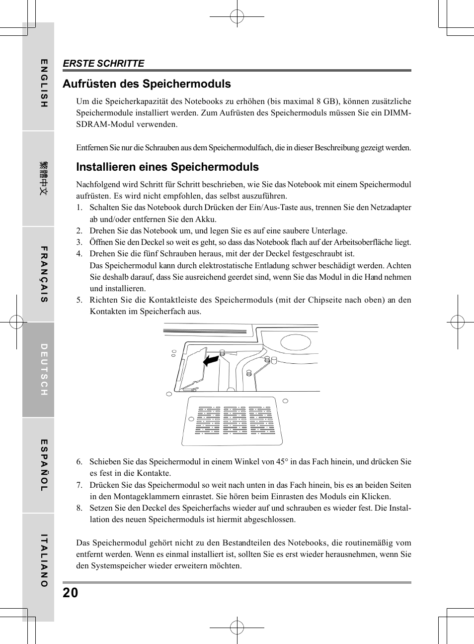 Aufrüsten des speichermoduls, Installieren eines speichermoduls | chiliGREEN TW8 User Manual | Page 92 / 216