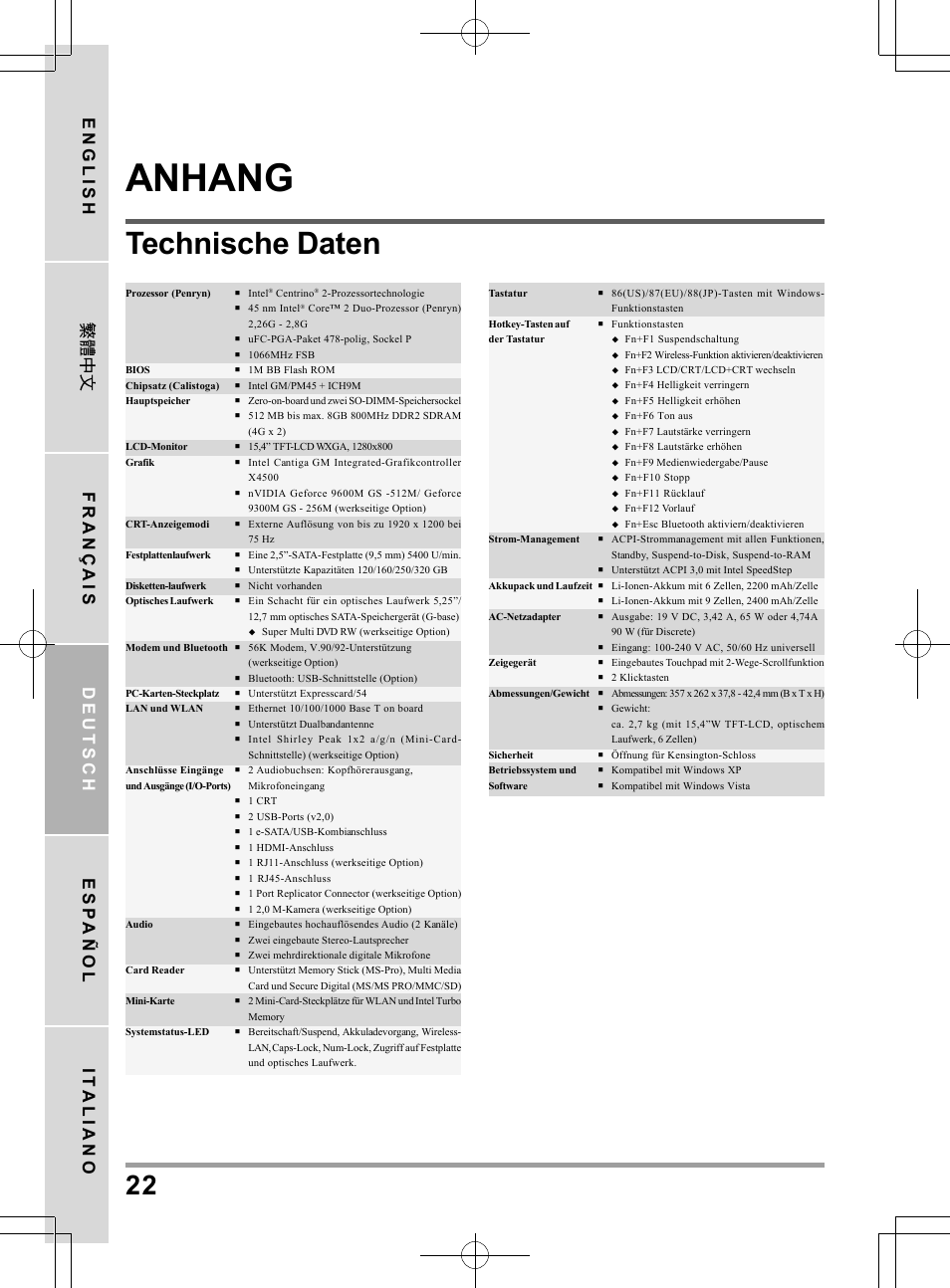 Anhang, Technische daten, English français deutsch esp añol it aliano | chiliGREEN TW8 User Manual | Page 94 / 216
