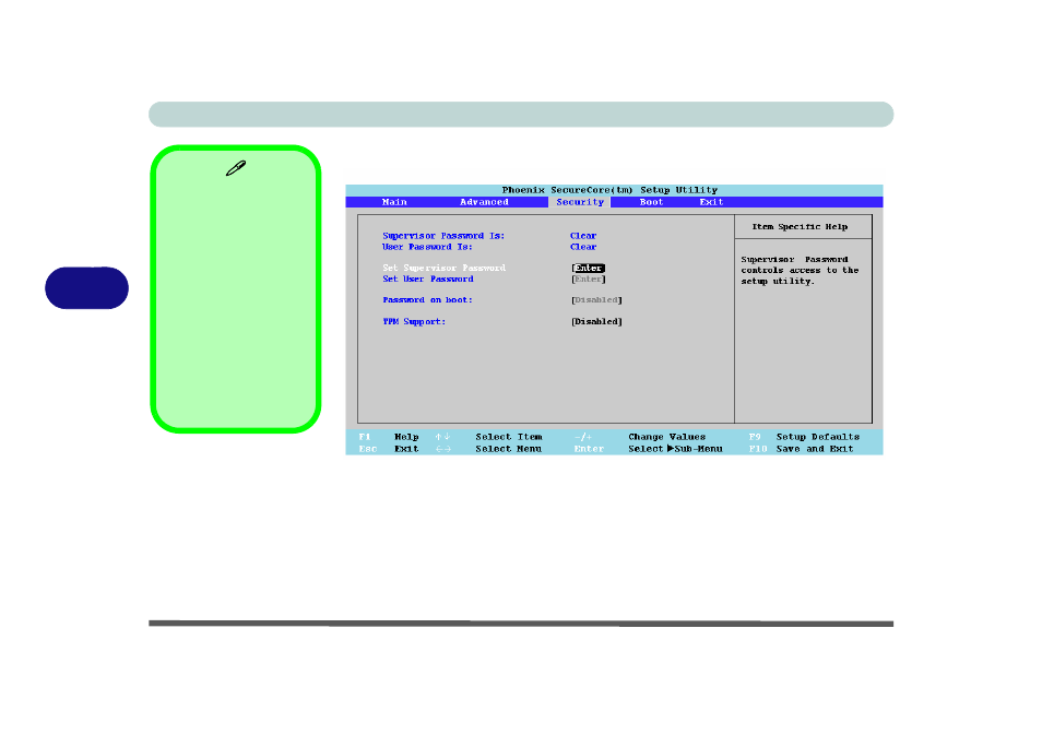 Security menu, Set supervisor password (security menu) | chiliGREEN T5110 User Manual | Page 102 / 204