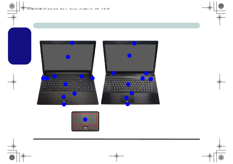 System map: front view with lcd panel open, English | Eurocom Clevo P150HM User Manual | Page 13 / 185