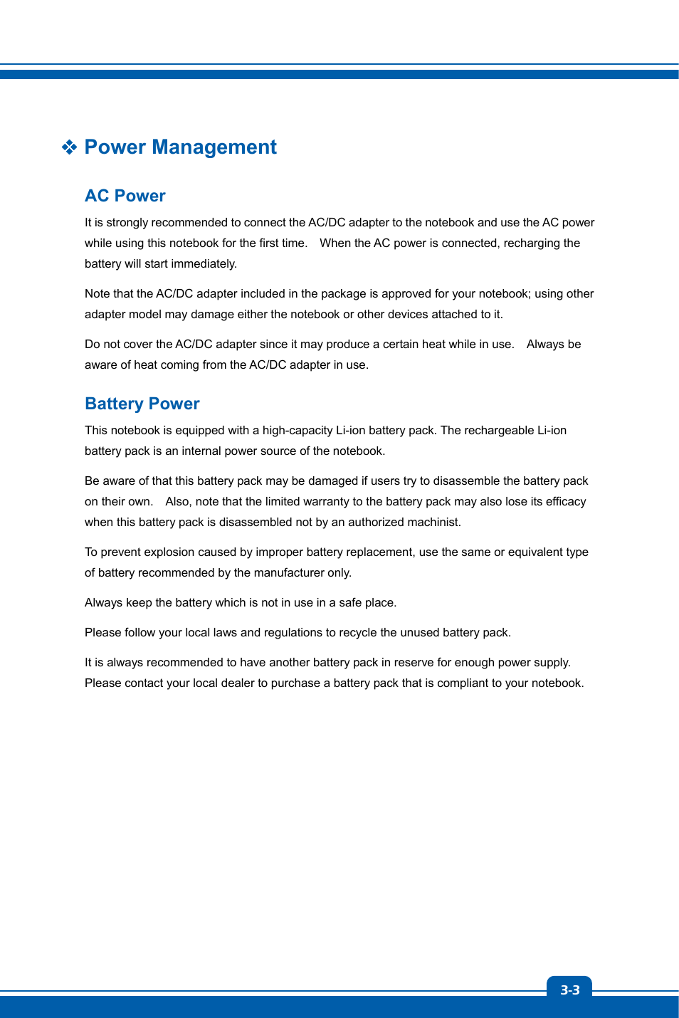 Power management, Ac power, Battery power | chiliGREEN MS-16GA User Manual | Page 27 / 48