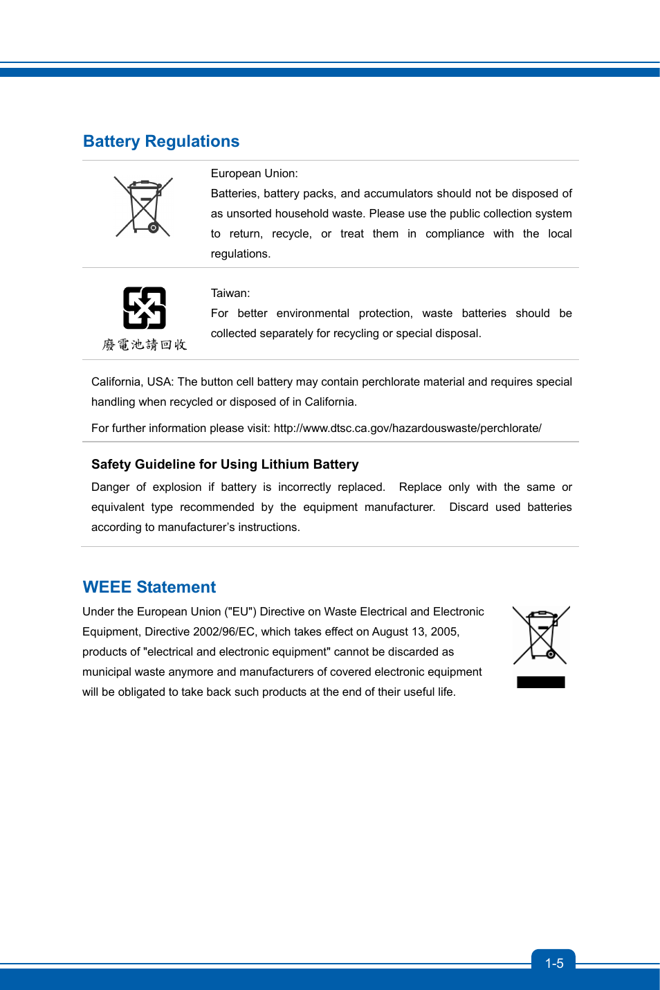 Battery regulations, Weee statement | chiliGREEN MS-16GA User Manual | Page 5 / 48