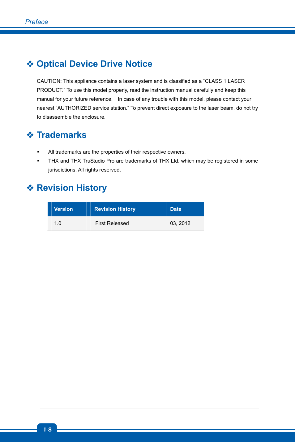 Optical device drive notice, Trademarks, Revision history | chiliGREEN MS-16GA User Manual | Page 8 / 48