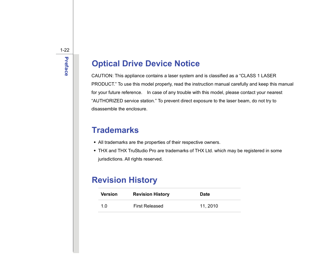 Optical drive device notice, Trademarks, Revision history | chiliGREEN MS-16F2 User Manual | Page 22 / 108