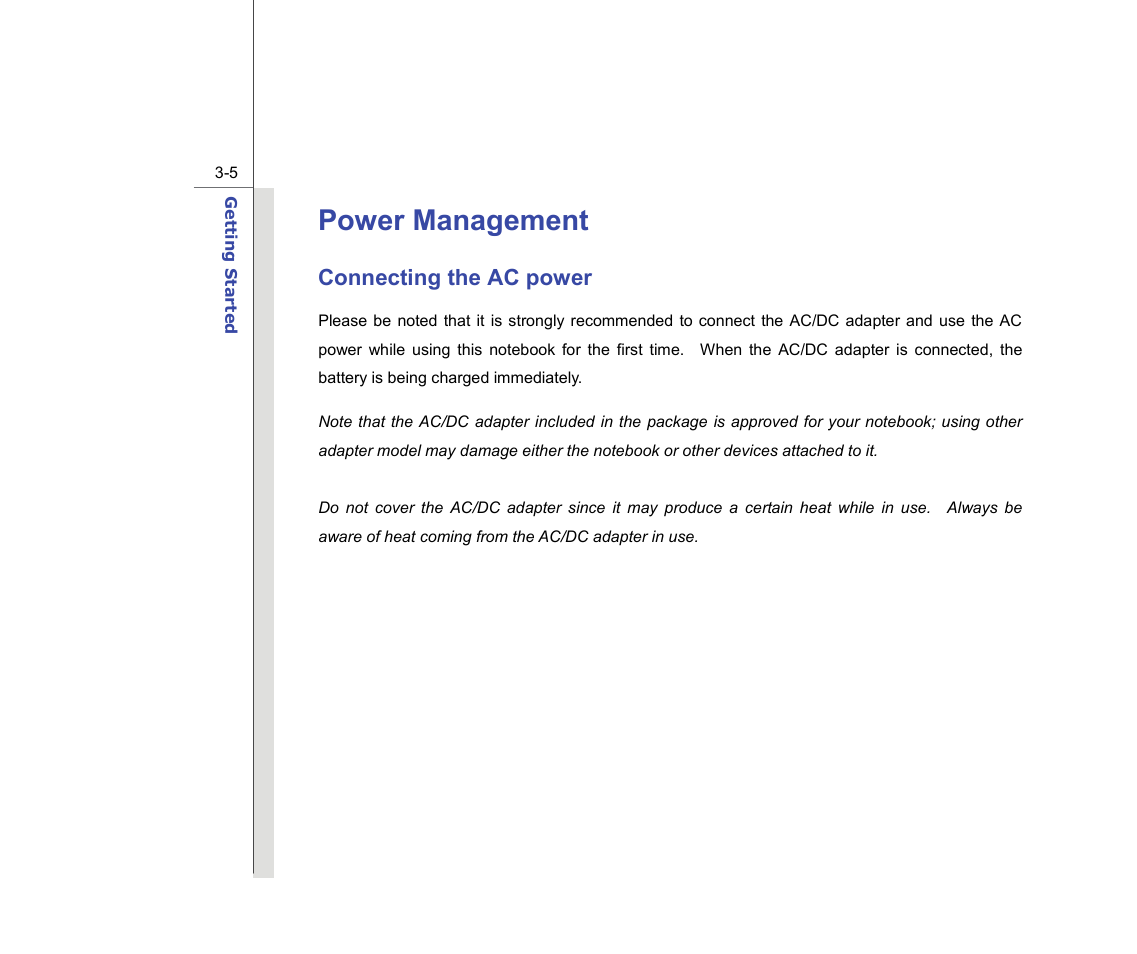 Power management, Connecting the ac power | chiliGREEN MS-16F2 User Manual | Page 49 / 108