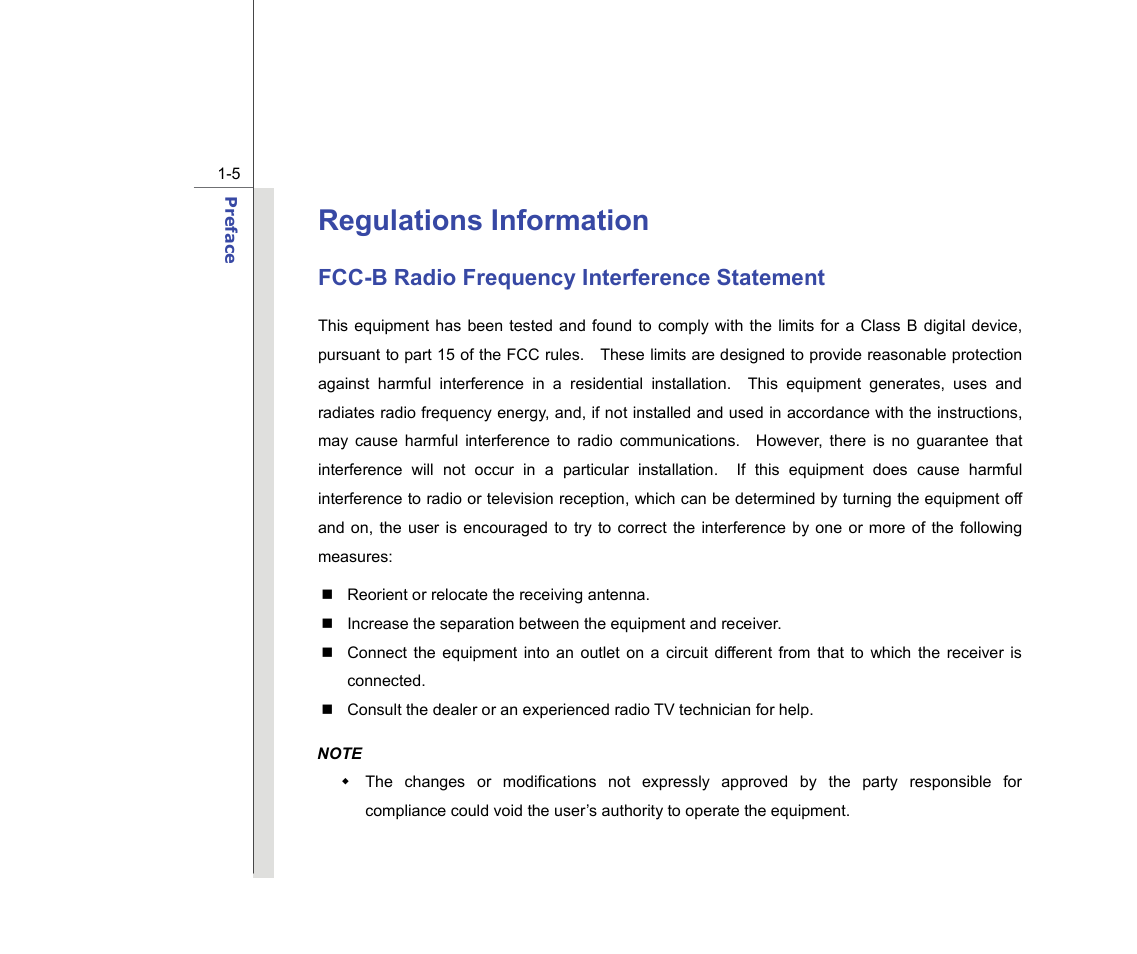 Regulations information, Fcc-b radio frequency interference statement | chiliGREEN MS-16F2 User Manual | Page 5 / 108