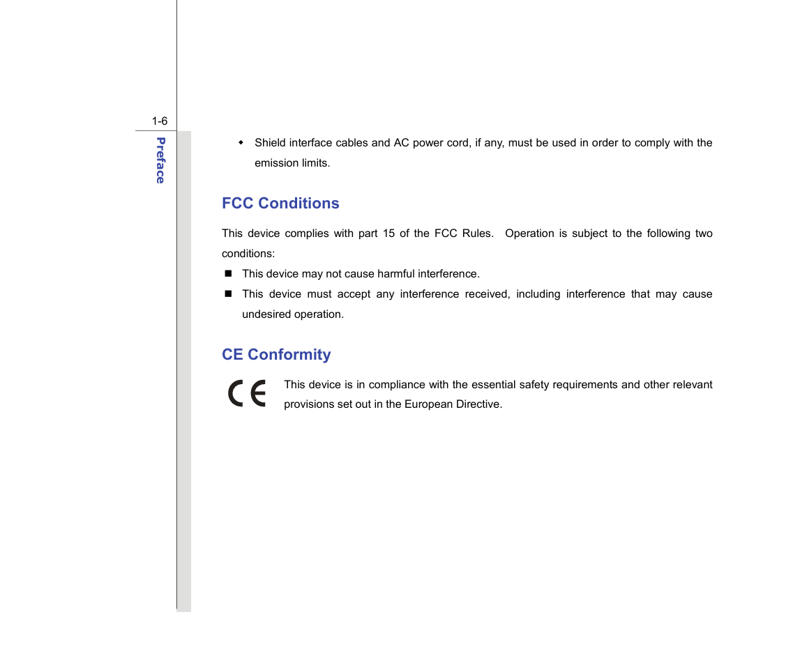 Fcc conditions, Ce conformity | chiliGREEN MS-16F2 User Manual | Page 6 / 108