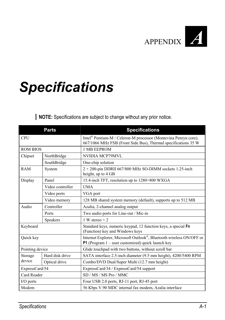 Specifications, Appendix a, Appendix | chiliGREEN Mitac 9515 User Manual | Page 105 / 122