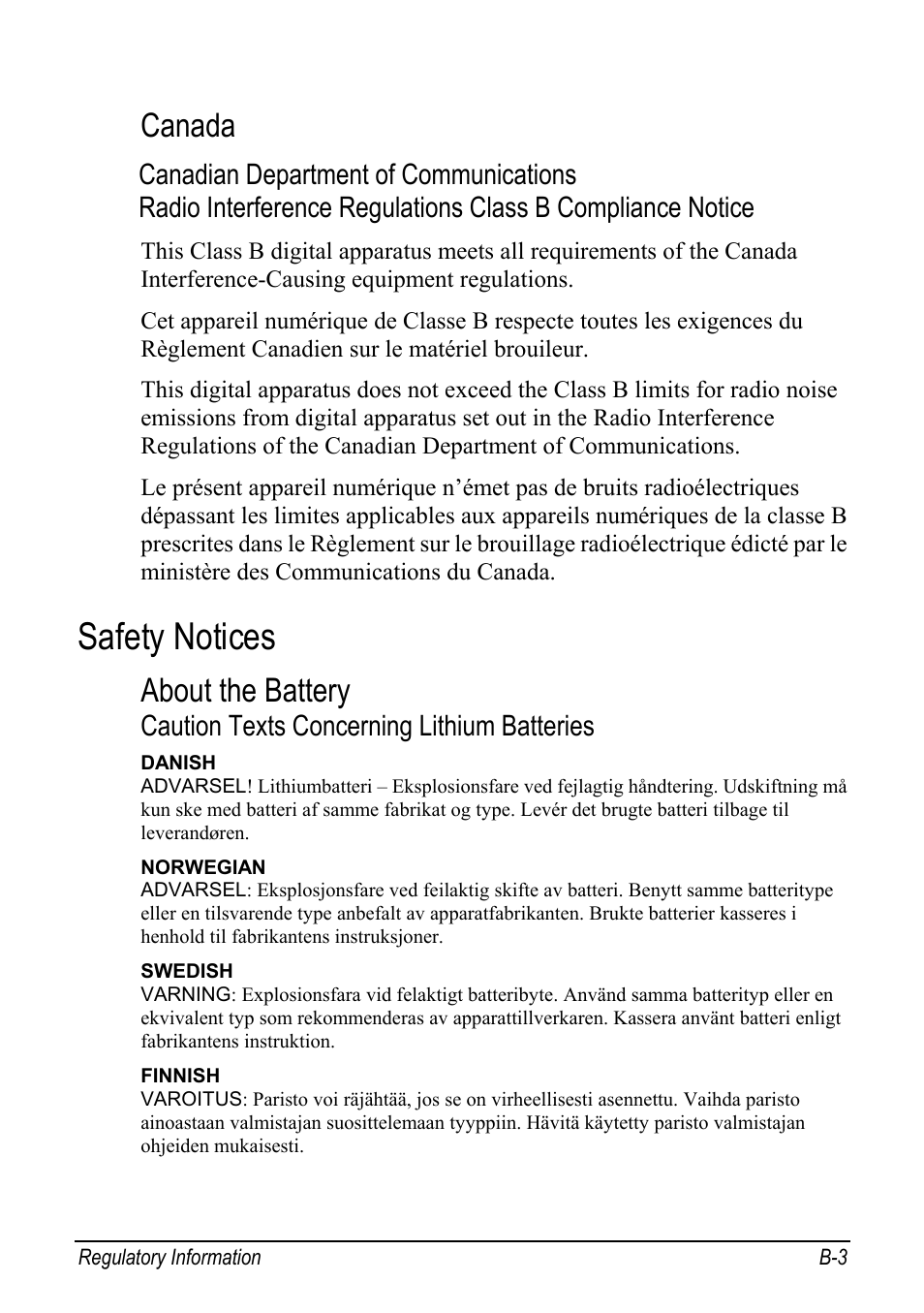 Safety notices, Canada, About the battery | Caution texts concerning lithium batteries | chiliGREEN Mitac 9515 User Manual | Page 109 / 122