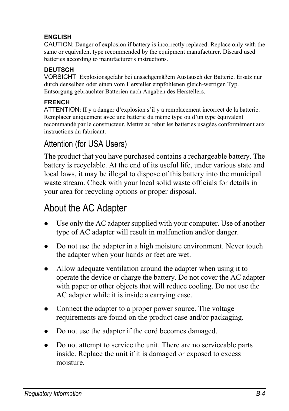 About the ac adapter, Attention (for usa users) | chiliGREEN Mitac 9515 User Manual | Page 110 / 122