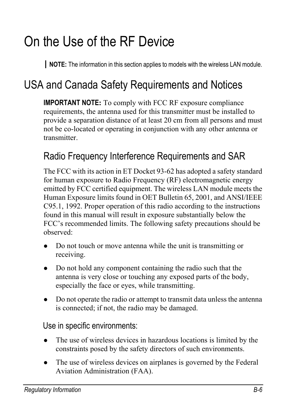 On the use of the rf device, Usa and canada safety requirements and notices, Radio frequency interference requirements and sar | Use in specific environments | chiliGREEN Mitac 9515 User Manual | Page 112 / 122