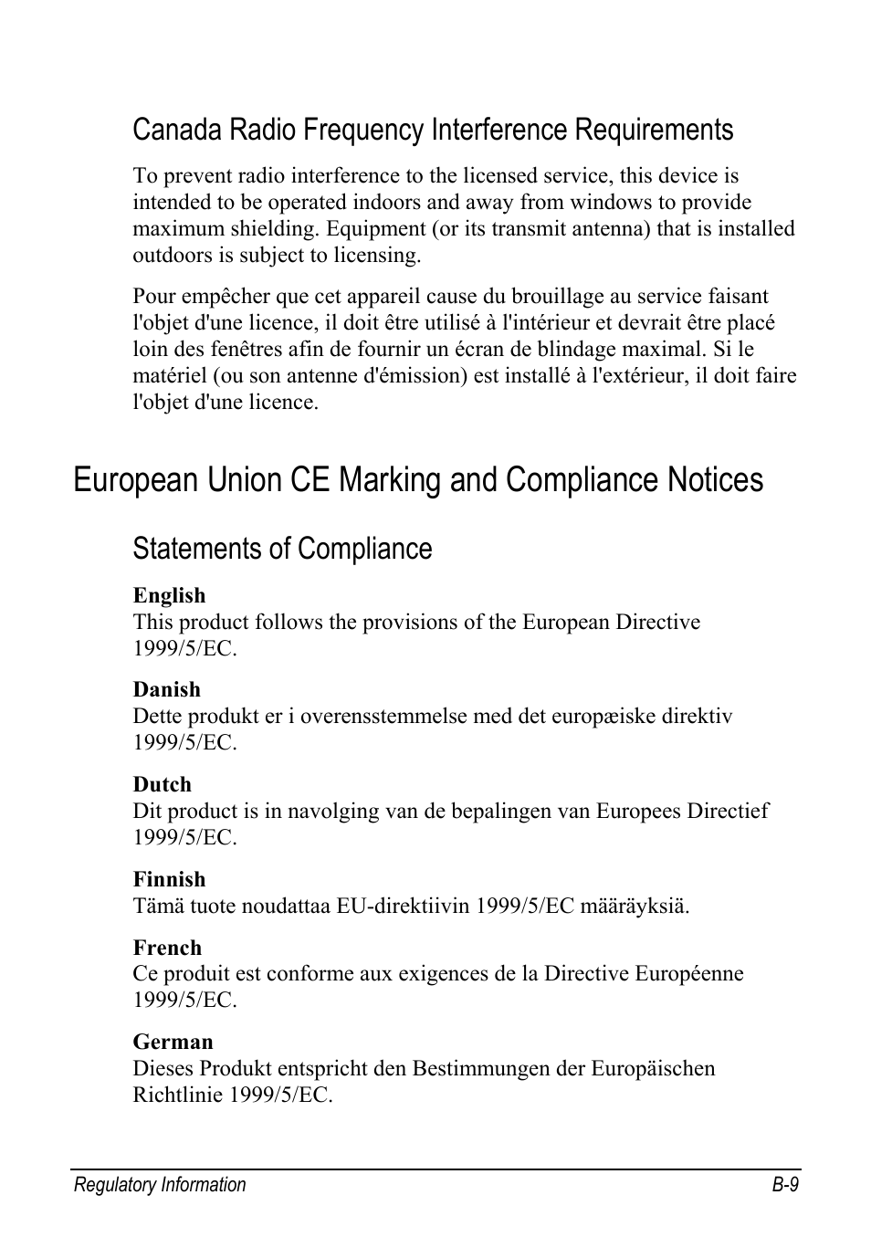 European union ce marking and compliance notices, Canada radio frequency interference requirements, Statements of compliance | chiliGREEN Mitac 9515 User Manual | Page 115 / 122